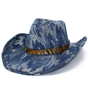 Blue sequin denim cowboy hat featuring leopard print belt and silver buckle detail