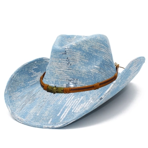 Blue denim cowboy hat with silver sequins and a skull metallic ornament on leather band