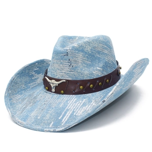 Western Sequin Cowboy Hat For Women Vintage Denim Style With Metal Bull Head Leather Band Wide Brim Fedora Party Hat