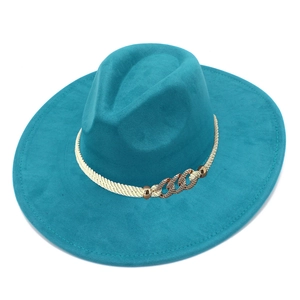 Detail of teal blue wide brim fedora with white woven rope and gold metal chain