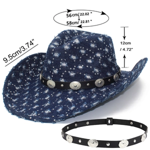 Close-up of distressed denim cowboy hat with silver sequins and metal rivet headband