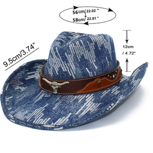 Blue denim cowboy hat detail showing size measurements and bull head metal buckle detail