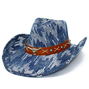 Western Cowboy Hat Sequined Denim Style With Bull Head Leather Belt Vintage Knight Hat For Outdoor Music Festival Party
