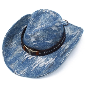 Classic light blue sequin cowboy hat with metallic bull head leather band decoration
