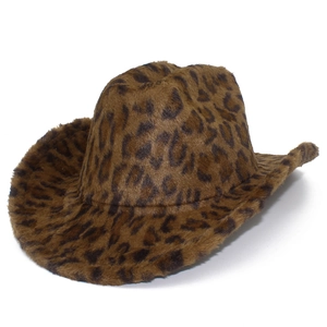 Classic leopard print cowboy hat in soft plush faux fur with a wild brown and black pattern