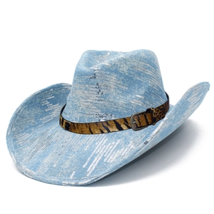 Sparkly light blue denim cowboy hat with silver sequins and leopard print belt