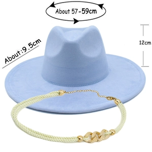 Detail showing 9.5cm wide brim and 57-59cm circumference of the blue suede fedora