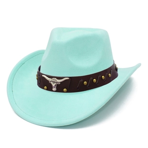 Close-up of mint green faux suede cowboy hat with bull head ornament and bronze studs