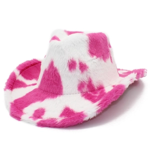 Pink and white cow print plush cowboy hat with thick faux fur for winter warmth
