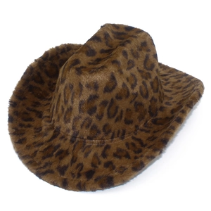 Detailed close-up of a leopard print cowboy hat featuring soft faux fur winter material