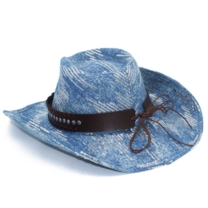 Close-up of blue sequin cowboy hat with brown leatherette band and metal studs detail