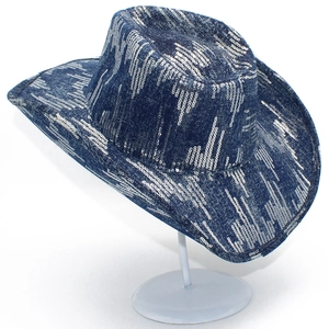 Cappello da cowboy in denim blu con paillettes argento e tesa curva stile western