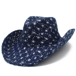 Cappello da Cowboy in Denim Logoro Decorato con Paillettes Argento Vintage Stile Occidentale Tesa Larga Curva Cappello Jazz Donna Festa