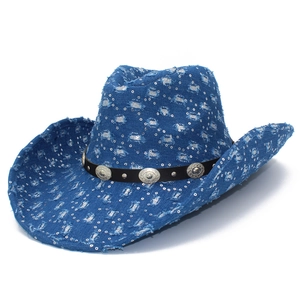 Vintage American Distressed Western Cowboy Hat Denim Frayed Sequin Wide Brim Hat For Outdoor Photography Party Women Men