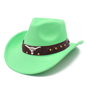 Detail of neon green suede cowboy hat featuring a leather band with silver bull head emblem
