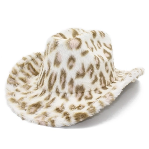 Faux fur leopard print cowboy hat with a wide brim and classic western style for women