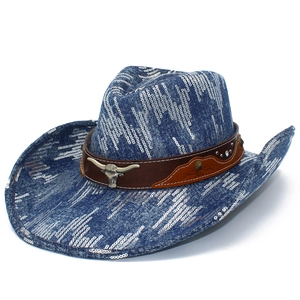 Blue denim cowboy hat with silver sequins and metallic bull head leather band