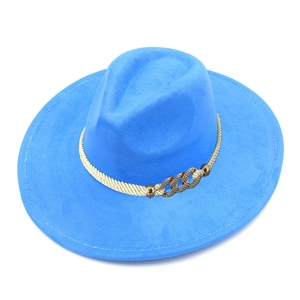 Fashionable bright blue suede felt fedora hat with woven gold rope and metal buckle trim