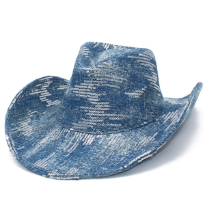 Cappello da Cowboy Western Con Paillettes Argentate Stile Denim Cappello Jazz per Donna Uomo Festa Spettacolo Stile Retro Blu Fedora