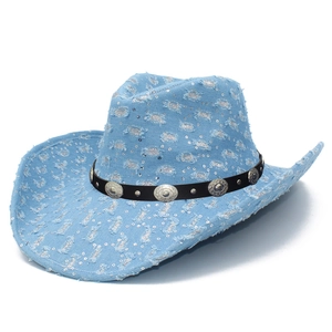 Distressed blue denim western cowboy hat with silver sequins and metal ornaments