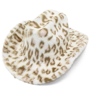 Detail of plush leopard print cowboy hat featuring soft faux fur and flat top design