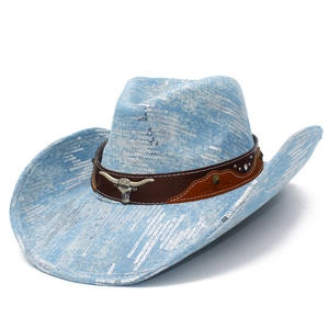 Western Cowboy Hat Sequin Denim Fedora For Women Men Bull Head Leather Belt Band Glitter Wide Brim Jazz Party Cowgirl Hat