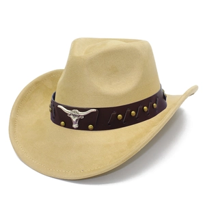 Detail of sand faux suede cowboy hat with bull head metal ornament and brass studs