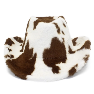 Detailed close-up of fluffy cow print plush cowboy hat with soft faux fur texture