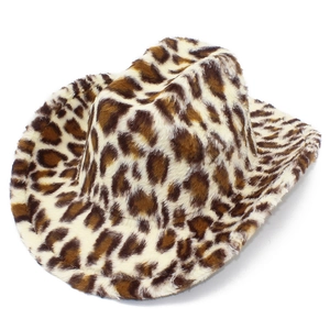 Close-up of leopard print faux fur texture on a classic western style cowboy hat