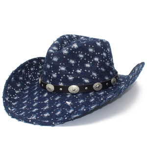 Distressed blue denim western cowboy hat with silver sequins and leather studded band