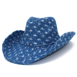 Cappello da cowboy in denim blu consumato con paillettes argento e tesa larga curva