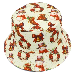 Close-up of Christmas bucket hat featuring festive snowmen and reindeer patterns