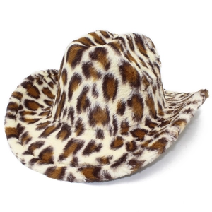 Faux fur leopard print cowboy hat with a warm plush texture and wide brimmed jazz style