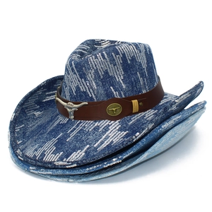 Blue denim cowboy hat with sparkling sequins, leather band and metal bull head ornament