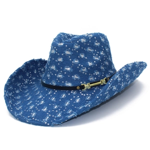 Western Φθαρμένο Denim Καπέλο Cowboy Λαμπερές Ασημένιες Πούλιες Jazz Καπέλο Με Μεγάλο Γείσο Με Χρυσή Αγκράφα Για Πάρτι