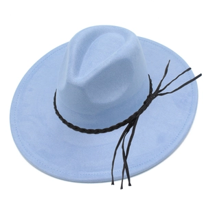 Sky blue wide brim fedora hat with black braided leather band and side tassel decoration