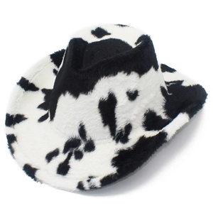 Detailed close-up showing soft cow print plush texture of this stylish winter cowboy hat