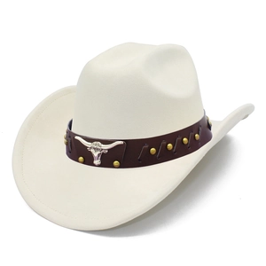 Classic cream faux suede western jazz hat with brown leather band and silver bull head badge