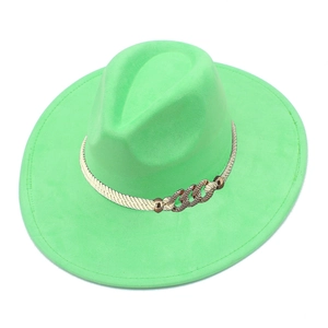 Detail view of bright green wide brim jazz hat with white woven rope and gold metal chain