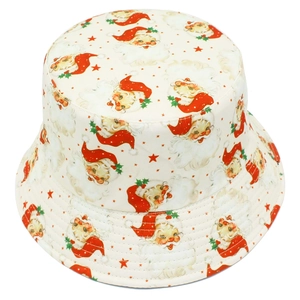 Close-up of vintage Santa Claus print and parallel stitching on the cotton bucket hat