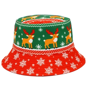 Festive Christmas bucket hat with reindeer and snowflake prints in red and green colors
