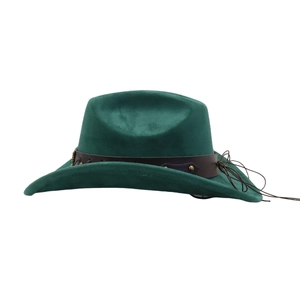 Detail of dark green felt cowboy hat with brown leather band and metallic studs