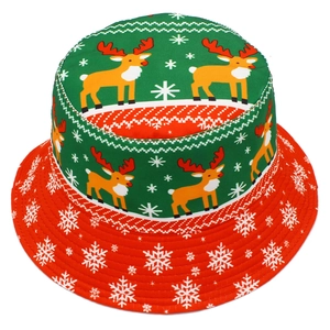 Detail of Christmas bucket hat showing reindeer print and snowflake brim pattern