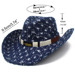 Spécifications de taille pour chapeau de cow-boy en denim bleu avec paillettes