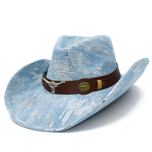 Sky blue denim cowboy hat with silver sequins and metallic longhorn bull emblem