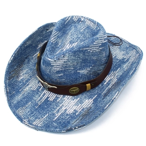 Close-up of sparkling sequined blue denim jazz hat with brown leather belt and metal bull head
