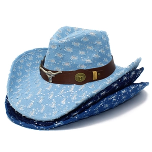 Distressed blue denim cowboy hat with silver sequins and metal bull head buckle decoration
