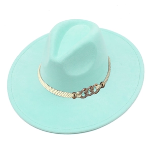 Front view of mint green wide-brim fedora hat with cream rope and gold chain buckle