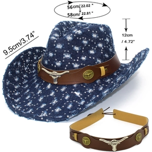 Blue sequined cowboy hat with brown leather band and bull head buckle details
