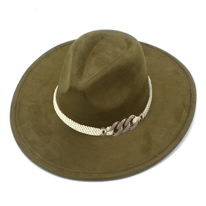 Detail of army green suede fedora featuring wide brim and woven band with metal buckle